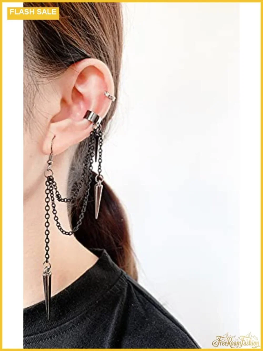 Asymmetric Black Spike Threader Drop Dangle Earrings for Women Men Punk Long